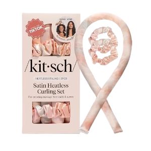 Pink satin heatless curling set with curling ribbon and matching scrunchies.