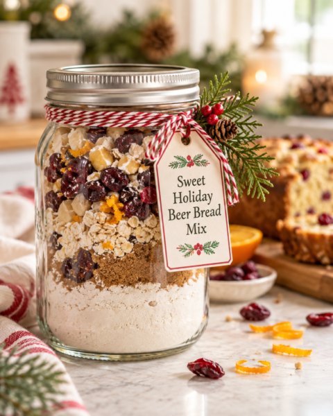 Sweet holiday beer bread mix in a mason jar