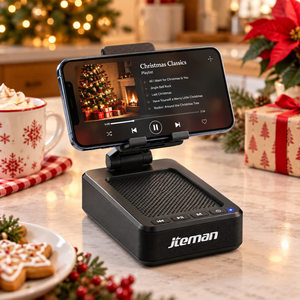 Bluetooth phone stand speaker on Christmas kitchen counter