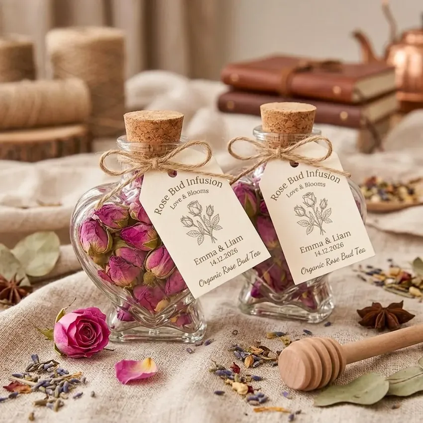 Rosebud Tea Favors in Heart-Shaped Glass Bottles