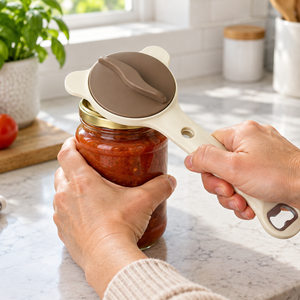 Hands using a four in one jar opener